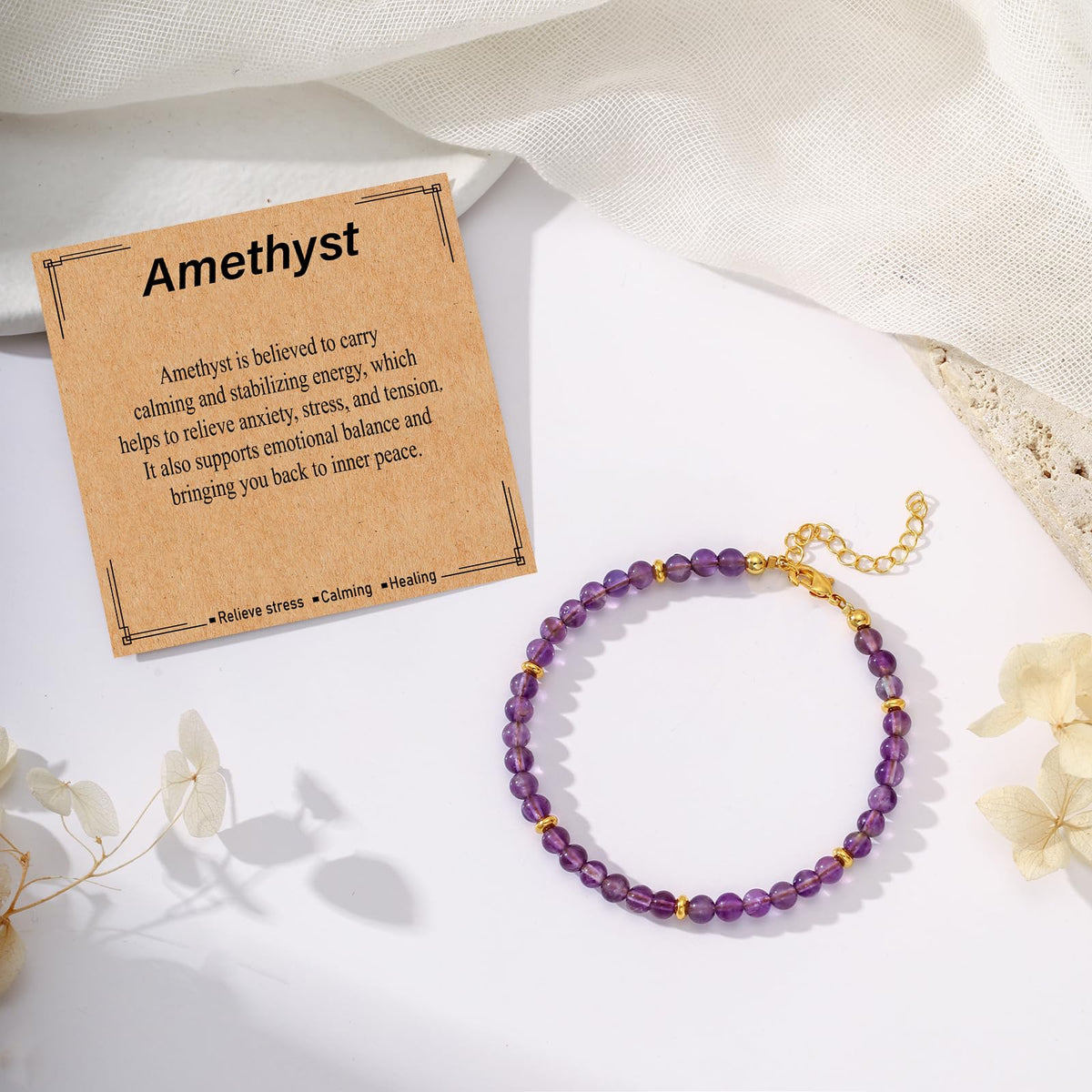 Kenailw Amethyst Crystal Bracelet Purple Gifts for Women Anxiety Relief Items Natural Stone Amethyst Beads Jewelry