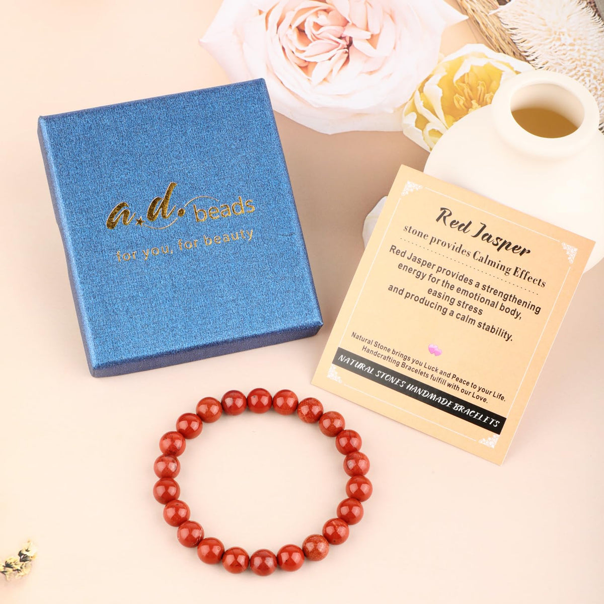 AD Beads 4mm Handmade Red Jasper Elastic Bracelet – Natural Gemstone for Stone provides Calming Effects – Meditation, Yoga, Healing and Energy Gift for Men Women