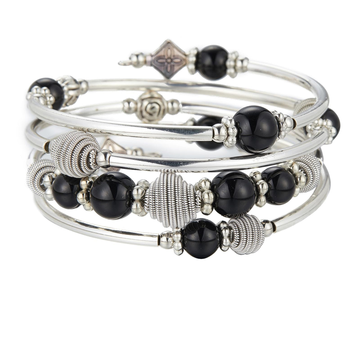 PEARL&CLUB Beaded Chakra Bangle Turquoise Bracelet - Fashion Jewelry Wrap Bracelet with Thick Silver Metal and Mala Beads, Birthday Gifts For Women(Black)