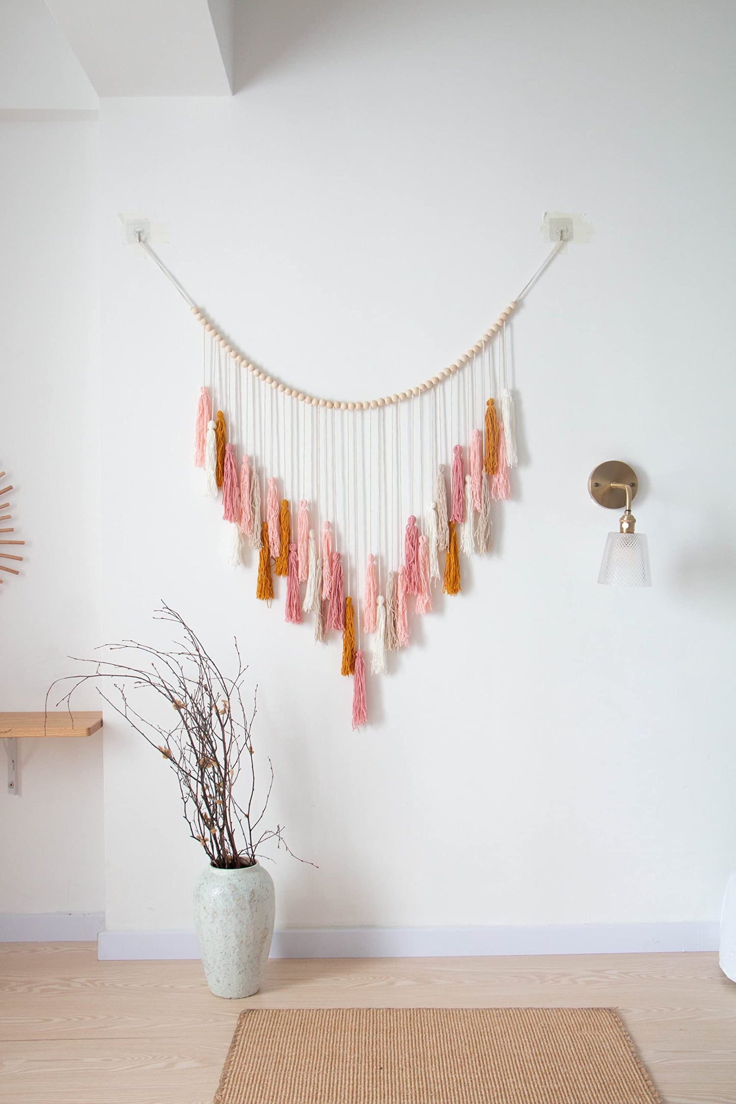 Decocove Macrame Wall Hanging - Large Macrame Wall Hanging with Wood Beads - Bohemian Wall Decor for Bedroom, Living Room and Kitchen - Pink and Gold- 35'' x 36''
