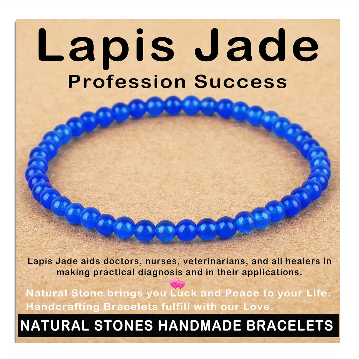 AD Beads Handmade Gemstone Stretch Elastic Bracelet Crystal Healing Reiki Nature's Beauty and Spiritual Essence Unisex (4mm, Blue Lapis Jade (Profession Success))