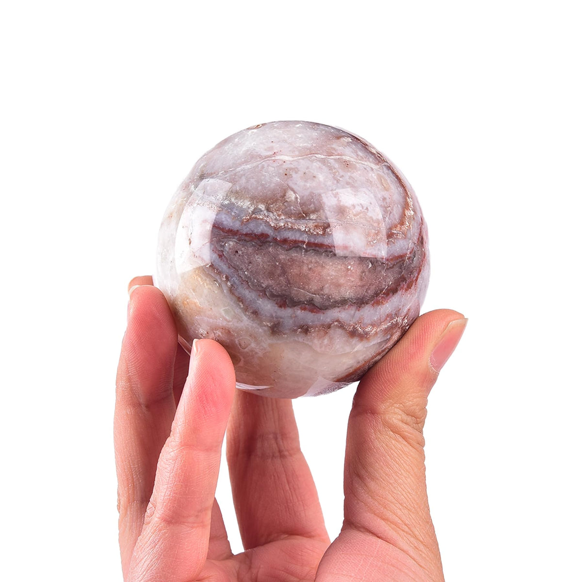 JIC Gem Natural Striped Agate Crystal Sphere Healing Crystal Decorative Ball with Wooden Stand Meditation Balls for Witchcraft Reiki Gift 50-60mm