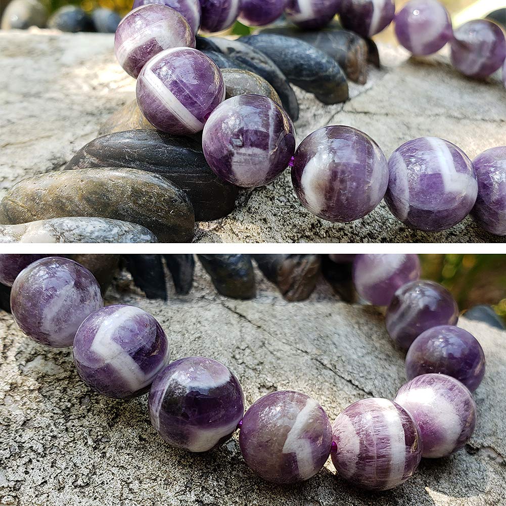 chengmu 12mm Banded Amethyst Stretch Bracelet Natural Round Beads Semi Gemstone for Crystal Elastic Beaded Bracelet 8"