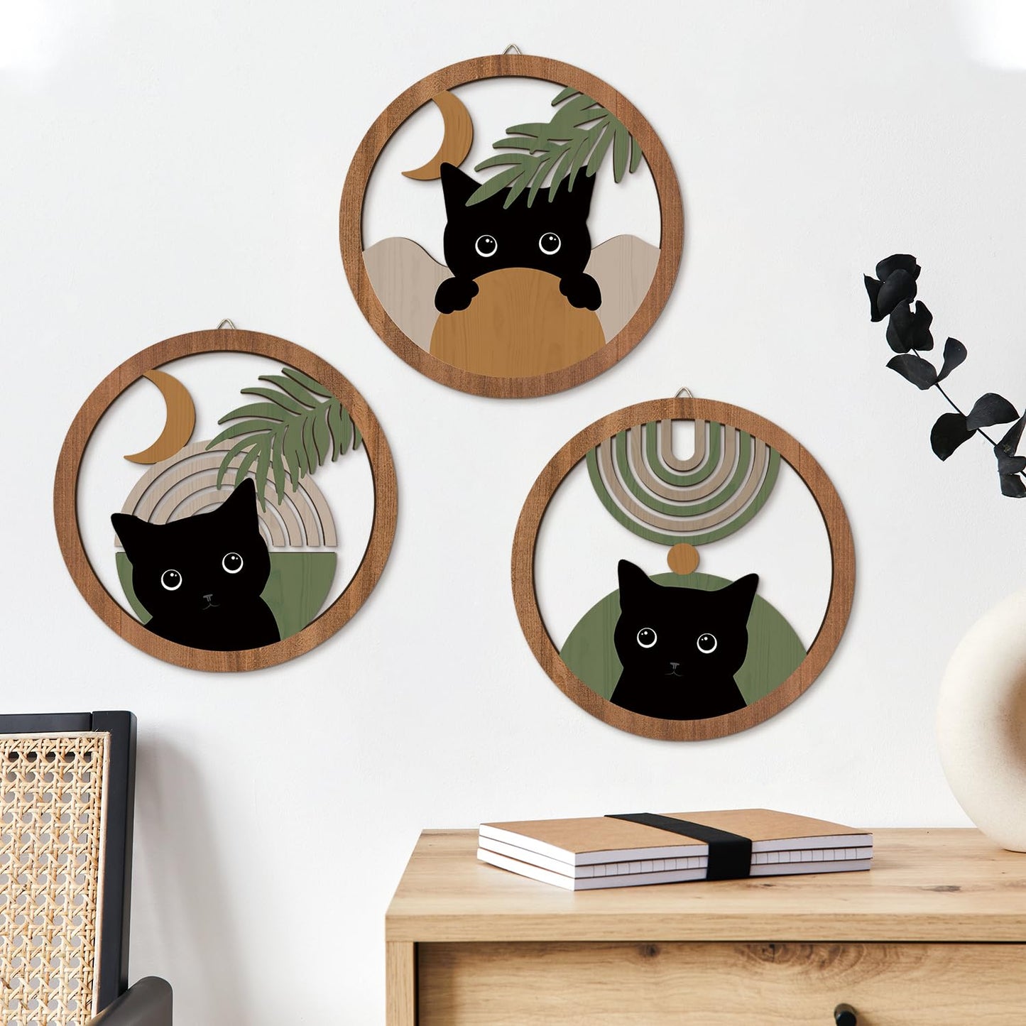 HPNIUB Boho Black Cat Wall Decor, Farmhouse Geometric Hanging Wooden Wall Art, 4 Pieces 10''x10'' Mid Century Bohemian Abstract Moon and Sun Wood Sign for Nursery Bedroom Decoration, Lovely Cat Gifts