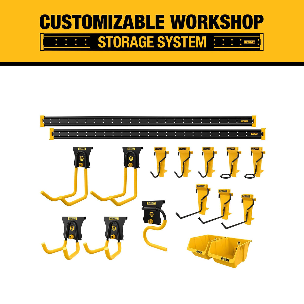DEWALT Tool Organizer, 21 Piece Accessory Starter Kit, Includes 2 Metal Rails, 13 Hooks, and 2 Plastic Bins, DEWALT Workshop Storage System Compatible (DWST82801)