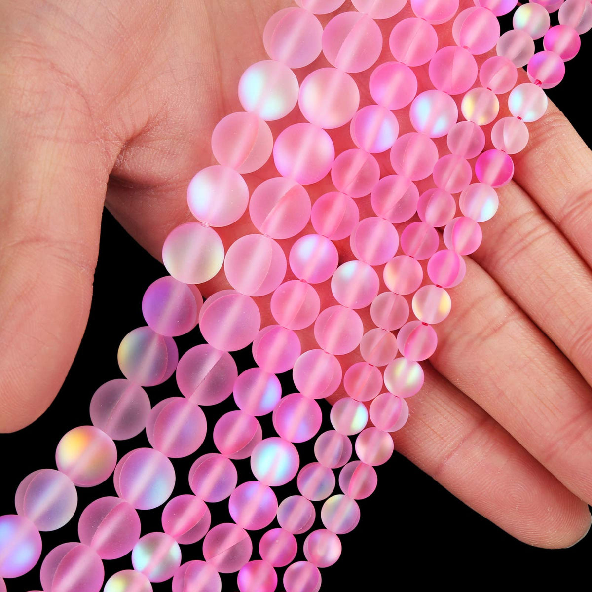 Matte Pink Aurora Crystal Glass Beads, 8MM Frosted Glitter Shining Mermaid Round Loose Beads, Rainbow Holographic Synthetic Moonstone for Jewelry Making DIY Bracelet