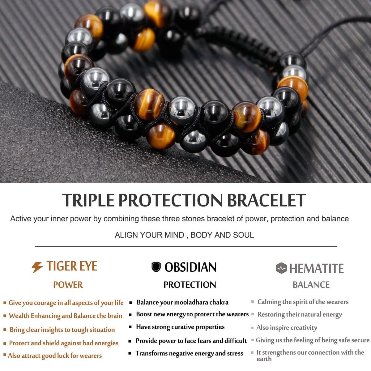 HASKARE Triple Protection Bracelet for Men - Genuine Tigers Eye Black Obsidian Hematite 8mm Natural Stone Beads Stretchy Healing Crystal Jewelry, Anxiety Relief Energy, Ideal for Dad Husband Christmas Birthday