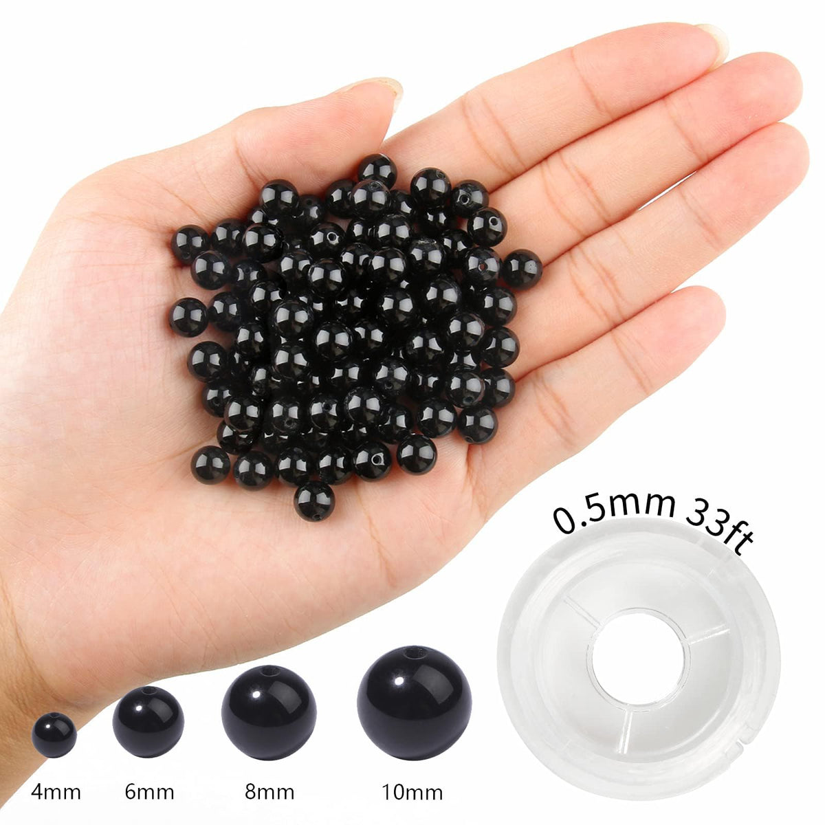NITOPUPU 100Pcs 8mm Natural Smooth Black Agate Beads Round Loose Gemstone Stone Beads for Jewerly Making with Crystal Stretch Cord