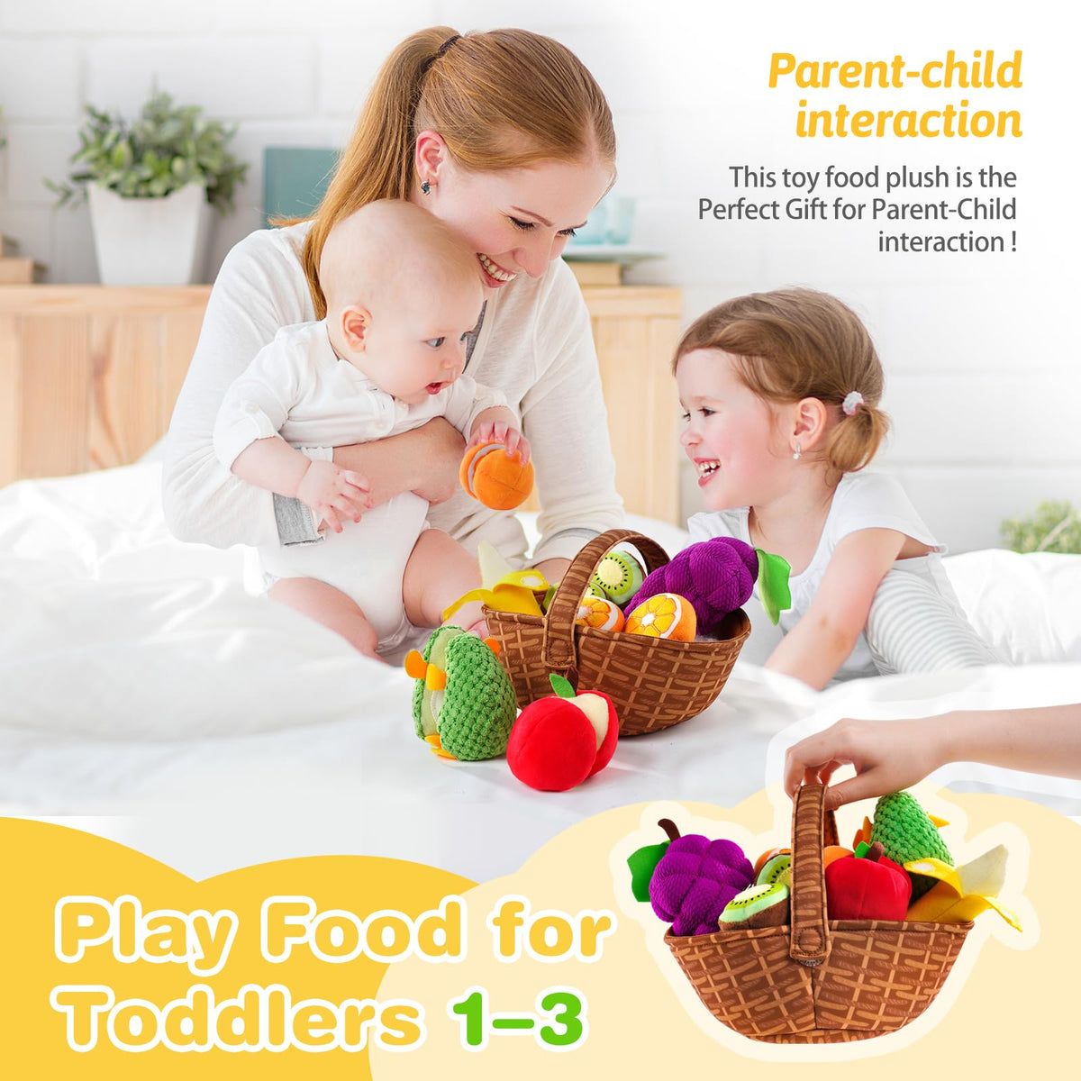 Play Food for Toddler 1-3, Plush Pretend Food Set with Sorting Fruit Basket, Baby Sensory Toys 6-12 Months, Montessori Learning Early Educational Toy for Infants, Gifts for 1 Year Old Boy Girl