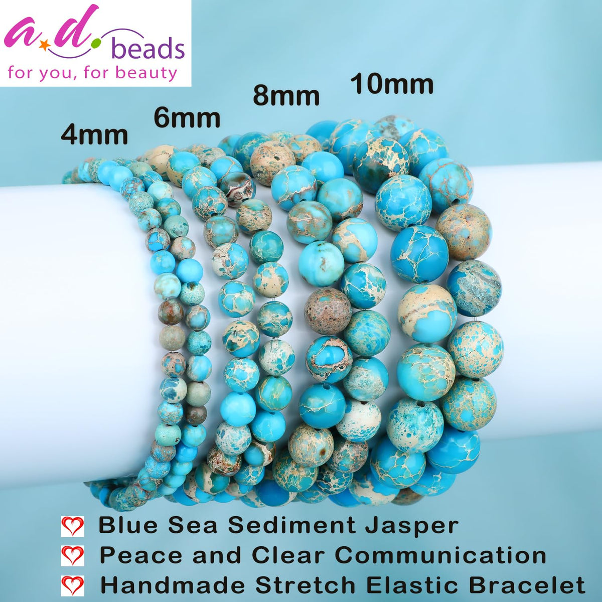 AD Beads 8mm Handmade Blue Sea Sediment Imperial Jasper Elastic Bracelet – Natural Gemstone for Joy & Positivity – Meditation, Yoga, Healing and Energy Gift for Men Women