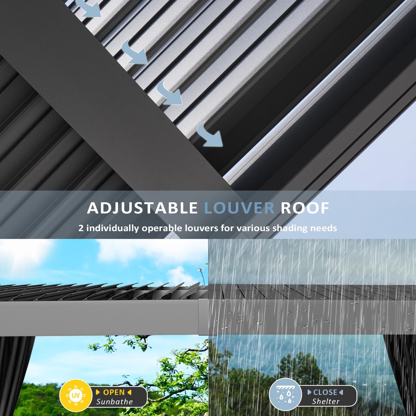 Aoxun Louvered Pergola 12' x 16' Aluminum Outdoor Pergola with Independent Adjustable Roofs, Curtains and Netting, Built-in Drainage System for Patios & Backyards, Rust Resistant Frame
