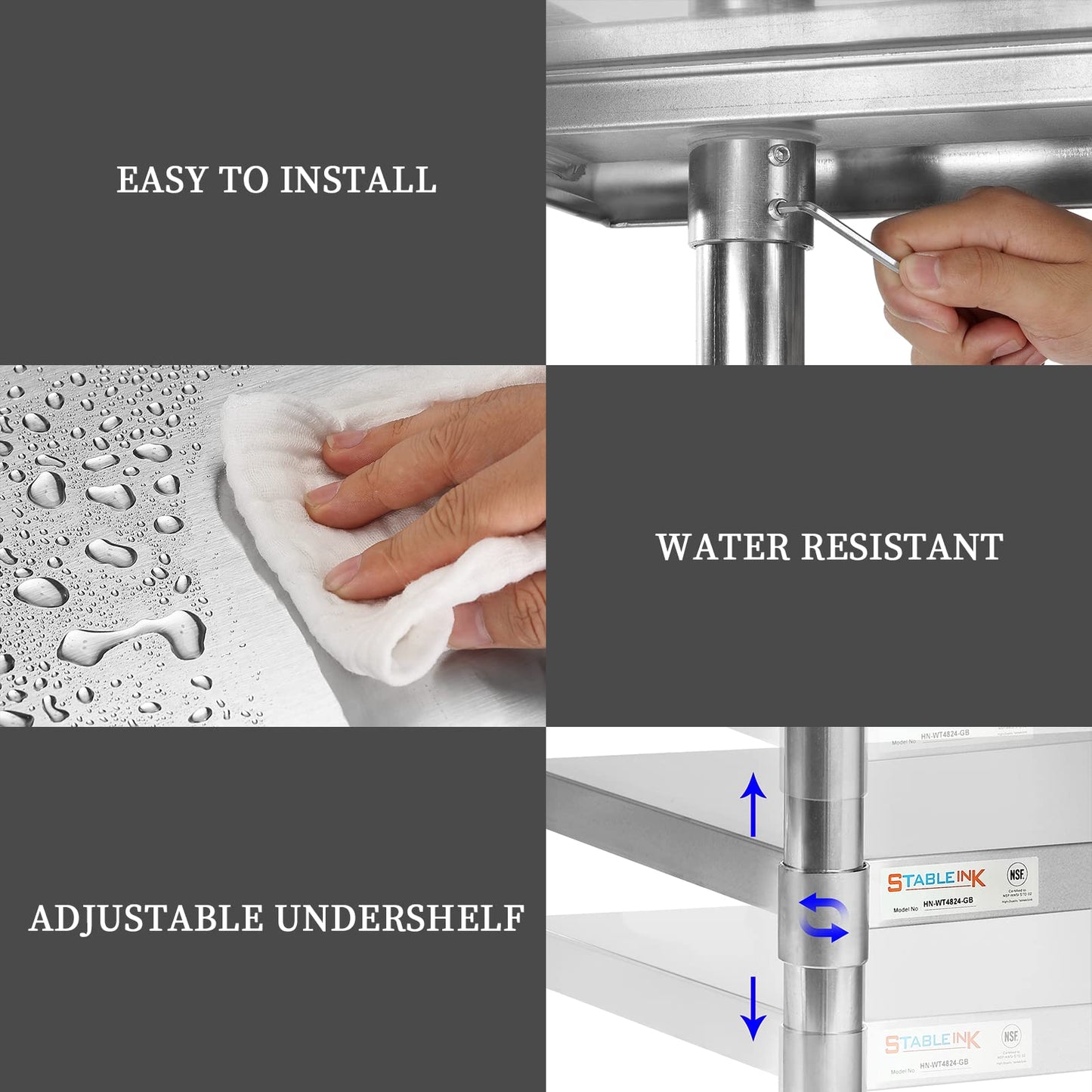 STABLEINK NSF Stainless Steel Table with Wheels 60x24 Inches 5ft, Metal Prep & Work Table with Adjustable Undershelf, for Commercial Kitchen, Restaurant, Hotel, Laundry and Garage