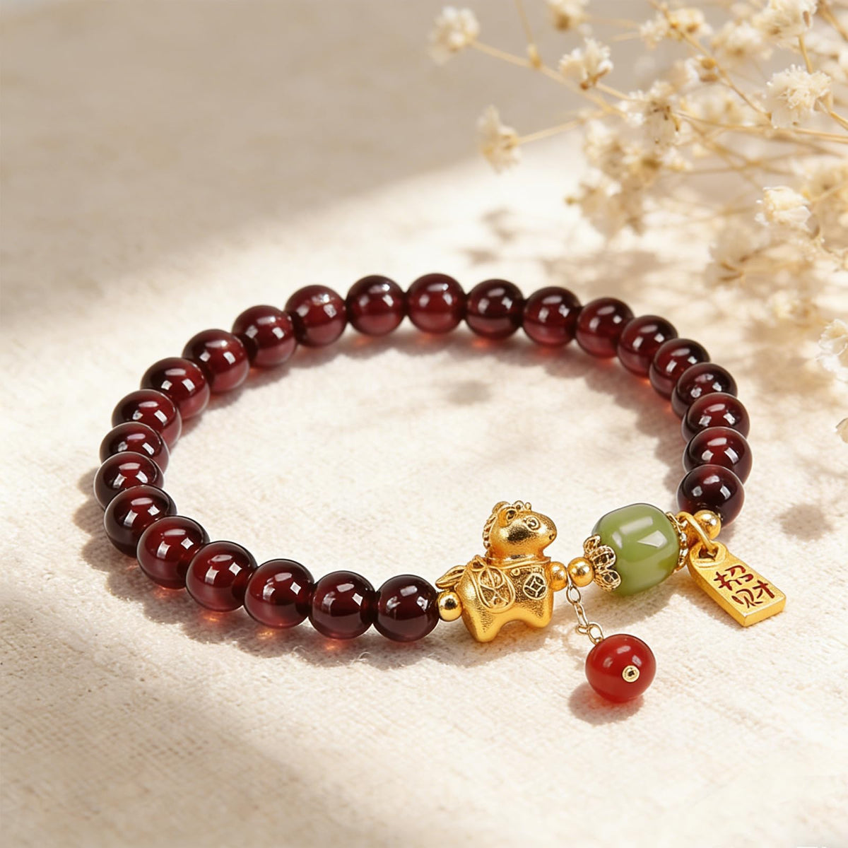 Buddha Stones 5mm Red Garnet Bracelet for Women Gold Horse Bracelet with Hetian Jade and Agate, Feng Shui Wealth Zodiac Bead Charm Bracelets Healing Crystal Jewelry Gifts 6.7 Inch