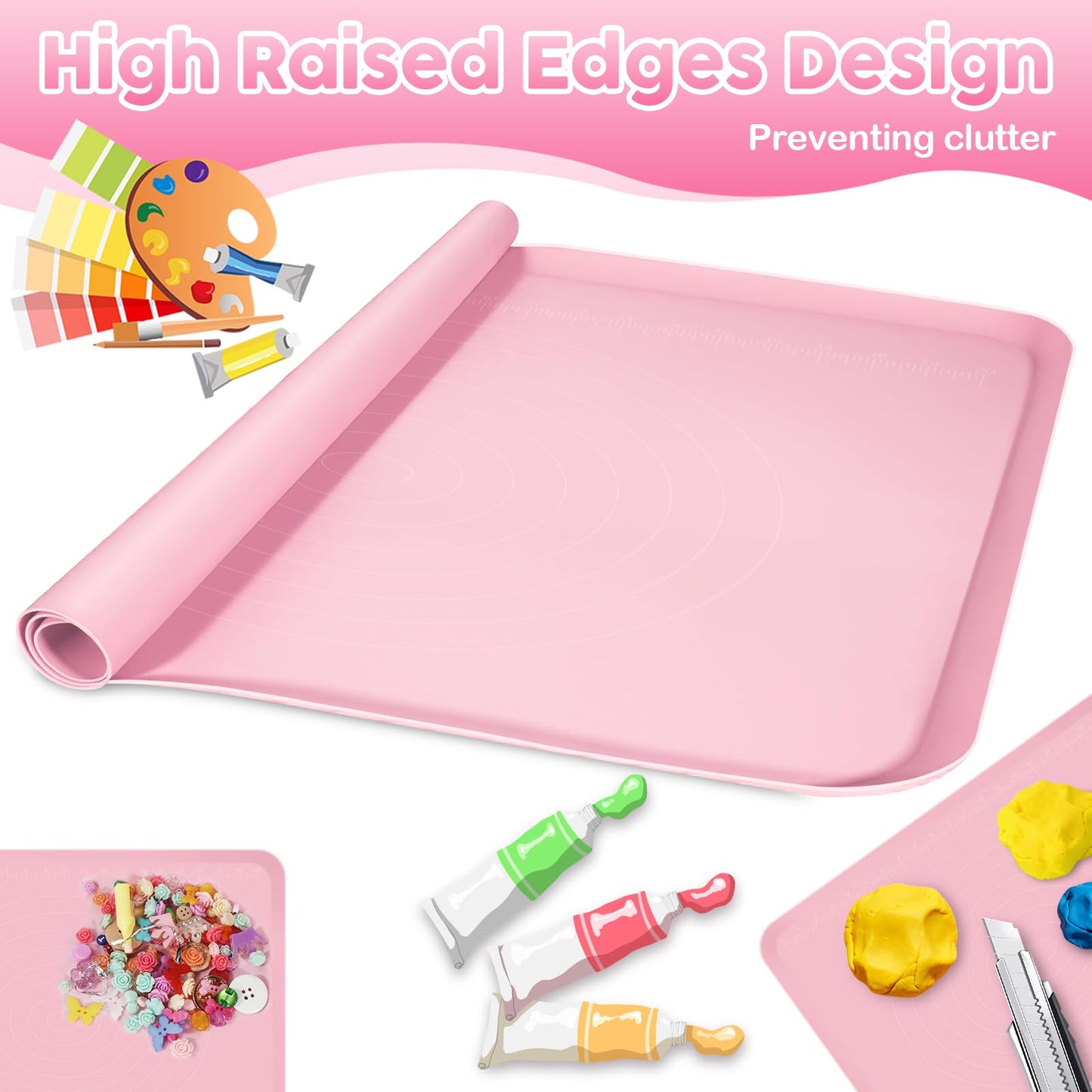 Large Silicone Mat for Crafts, 24"X19.7" Art Mat with Raised Edges for Clay, Resin, Slime, Jewelry-Making Table Protection Heat-Resistant Paint Mats, pink