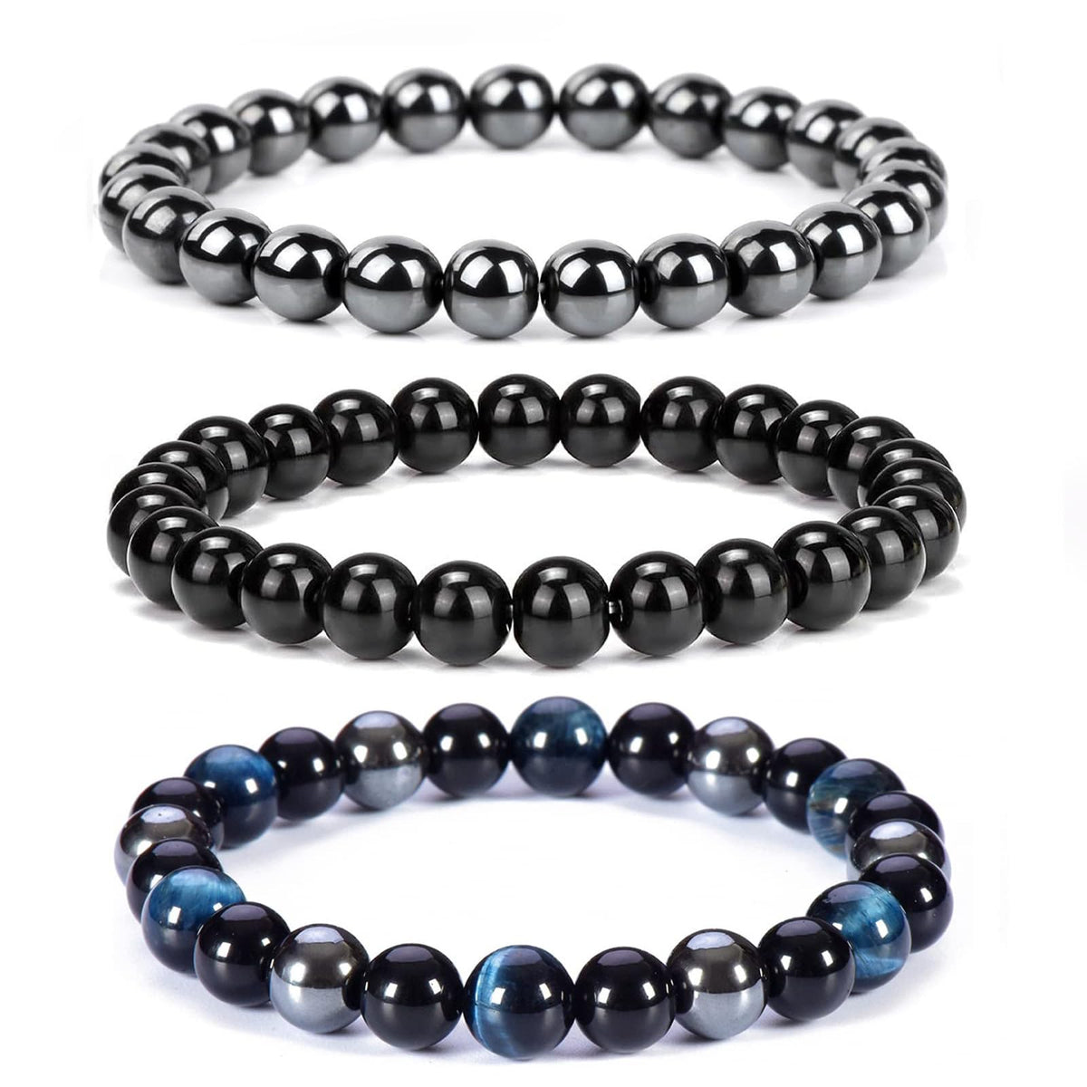 Crgwxzl Healing Crystal Bracelets for Women 8mm Natural Stone Beaded Stretch Bracelet Blue Tiger Eye Black Obsidian Hematite Spiritual Gemstone Lucky Jewelry Gifts