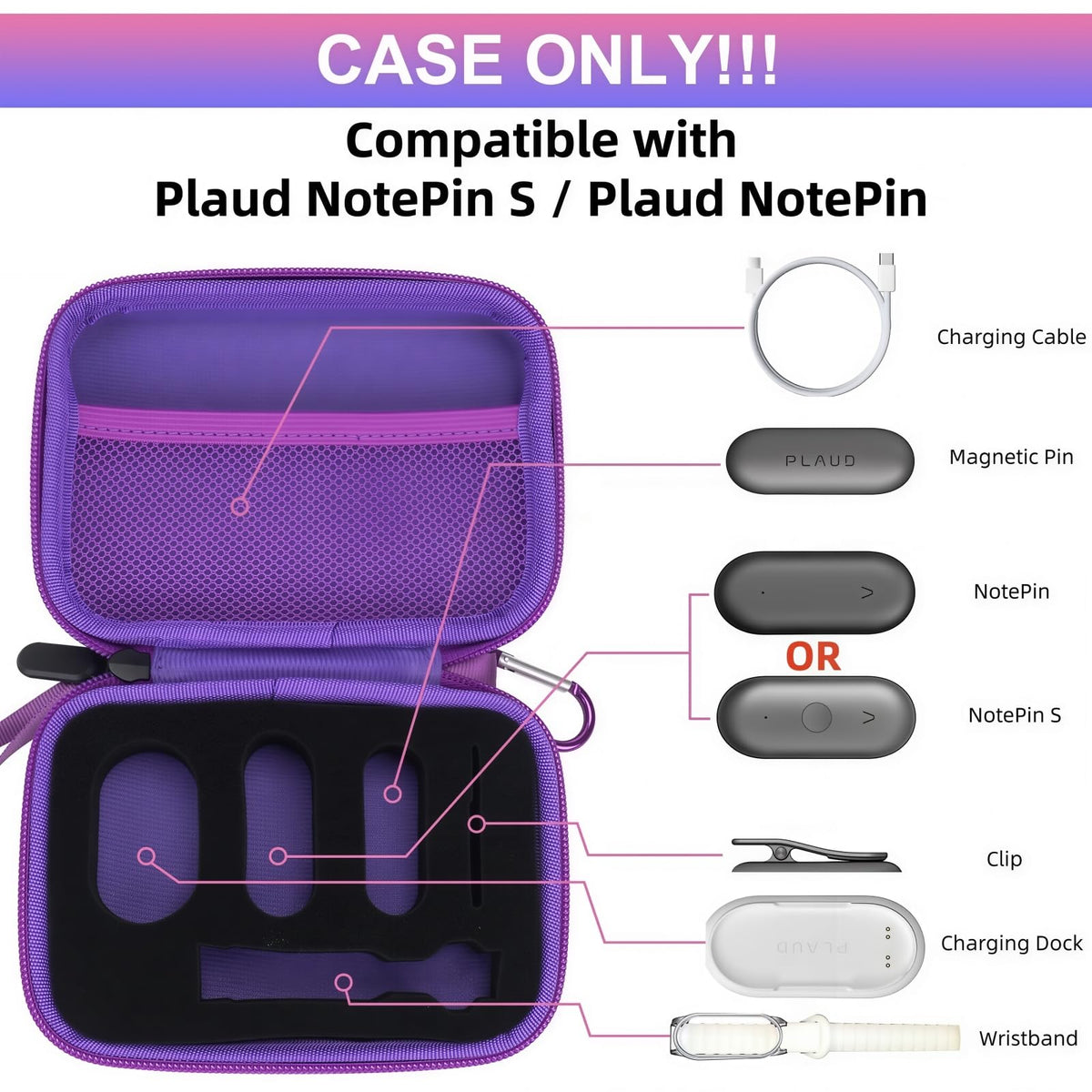 YouKnow Hard Case Compatible with PLAUD NotePin/NotePin S AI Voice Recorder - with Custom Foam Insert Holds Recorder, Magnetic Pin, Clip, Dock, Wristband & Cable (Case Only) (Galaxy)