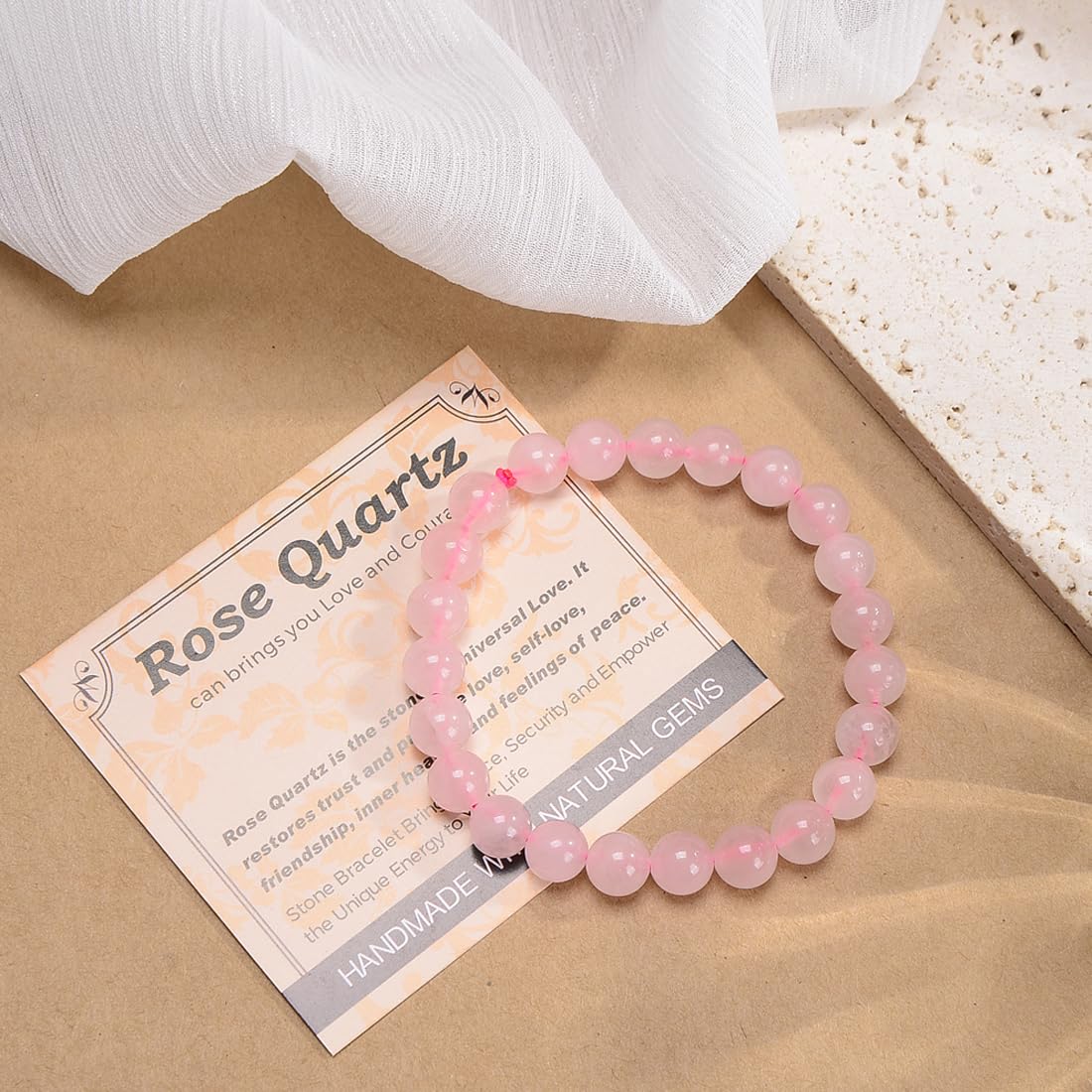MASSIVE BEADS Rose Quartz - Love and Courage - Handmade Yoga Stretch Elastic Bracelet Natural Stone Crystal Healing Power Energy Gifts for Unisex Adult 4mm
