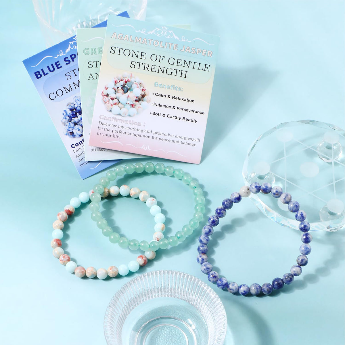 NCB 3-Piece 6mm Natural Crystal Gemstone Stretch Bracelets – ﻿Agalmatolite Jasper, Blue Spot, Green Aventurine Handmade Reiki Energy Healing Jewelry for Meditation,Yoga, Unisex