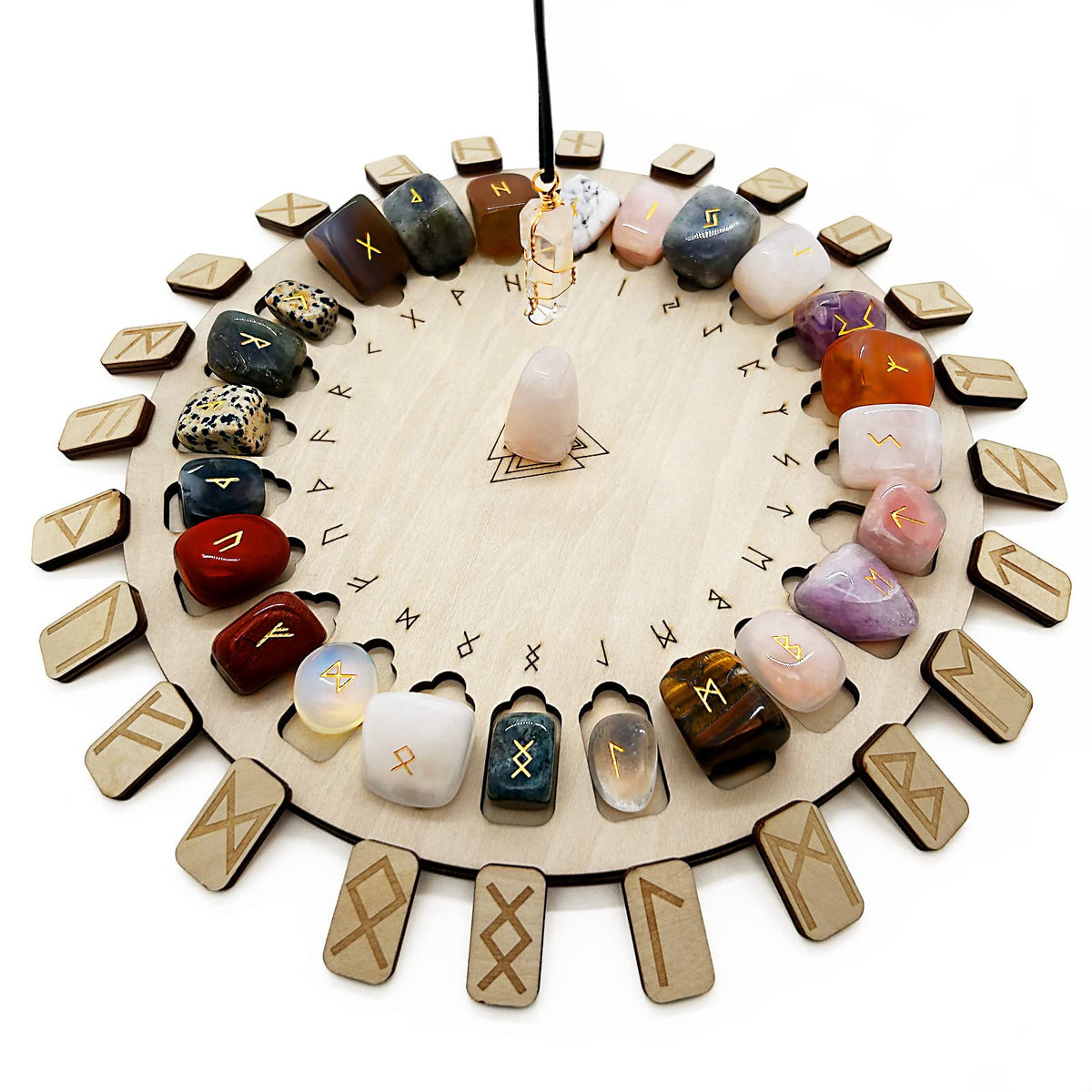 Rune Stone Set, Wooden Disc with Eternal Life Inscription and Mixed Color Crystal Rune Set for Meditation and Witchcraft Healing, Chakra Balancing for Beginners (Mixed Color Rune Set)
