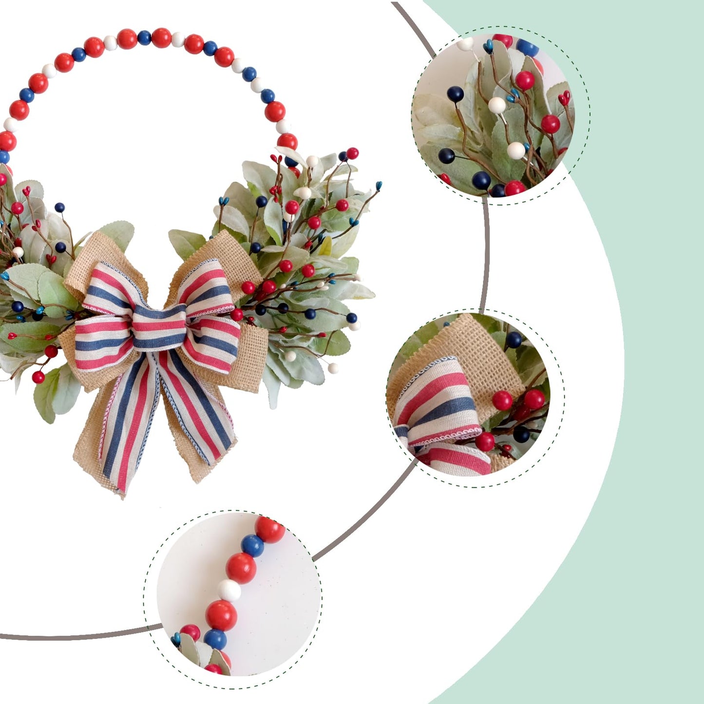 TEMPUS 4th of July Independence Day Wreath Red, White and Blue Wooden Bead Berries Wreath Lambs Leaves Ring Wreath 16 inch Patriotic Decorations for Front Door，Memorial Day Flag Day Veterans Day