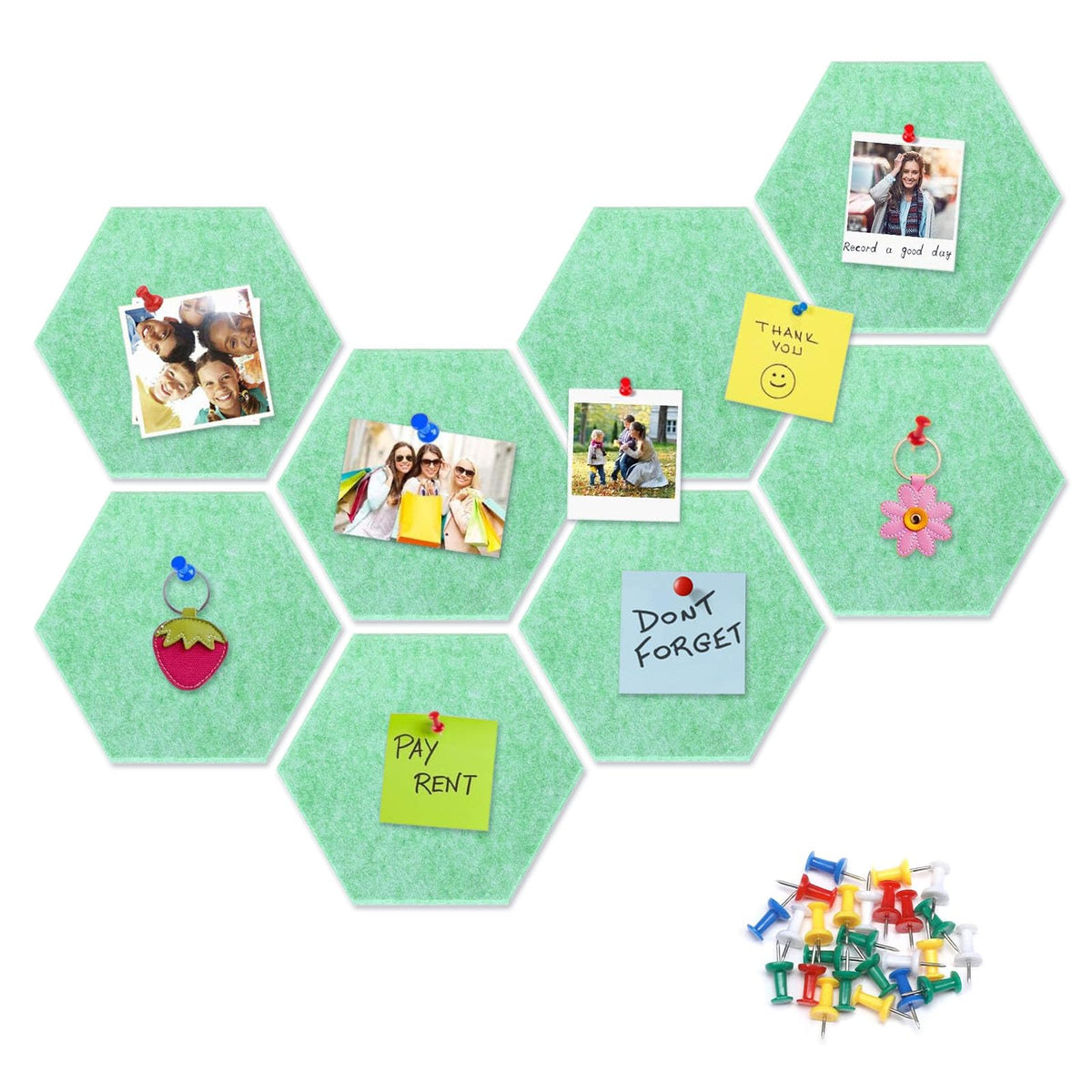 8 Packs Light Green Hexagon Felt Pin Board, 12" Bulletin Board with 30 Push Pins, Felt Board for Home Kitchen Office Decor, Self-Adhesive Corkboard Tiles for Walls Message Photos Memos Display