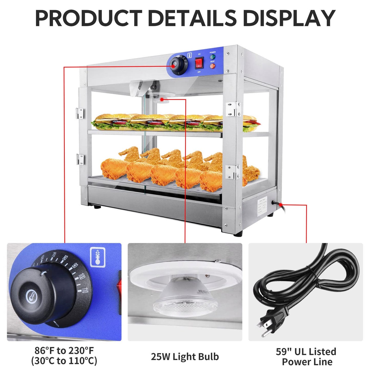 AMPERSAND SHOPS Commercial Food Warmer Pizza Pretzel Empanada Storage Display Cabinet (2-Tier)