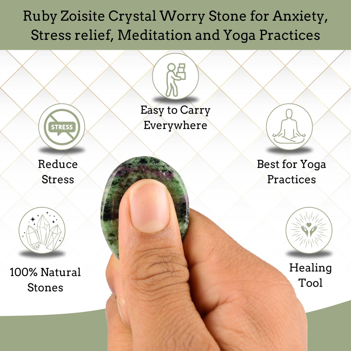 Anaya Agate Ruby Zoisite Worry Stones Certified Crystal Thumb Worry Stone for Anguish, Relaxing and Soothing Balance Stones for Meditation, Stress Relief Crystals and Healing Stones for Men, Women