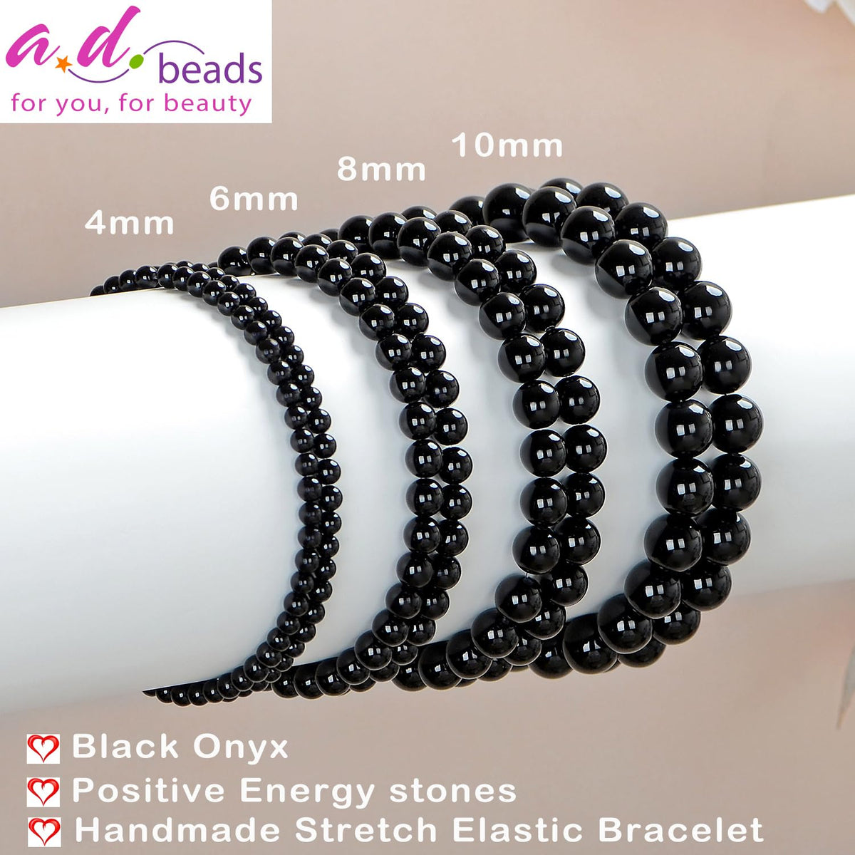 AD Beads Handmade Gemstone Stretch Elastic Bracelet Crystal Healing Reiki Nature's Beauty and Spiritual Essence Unisex (6mm, Black Onyx)