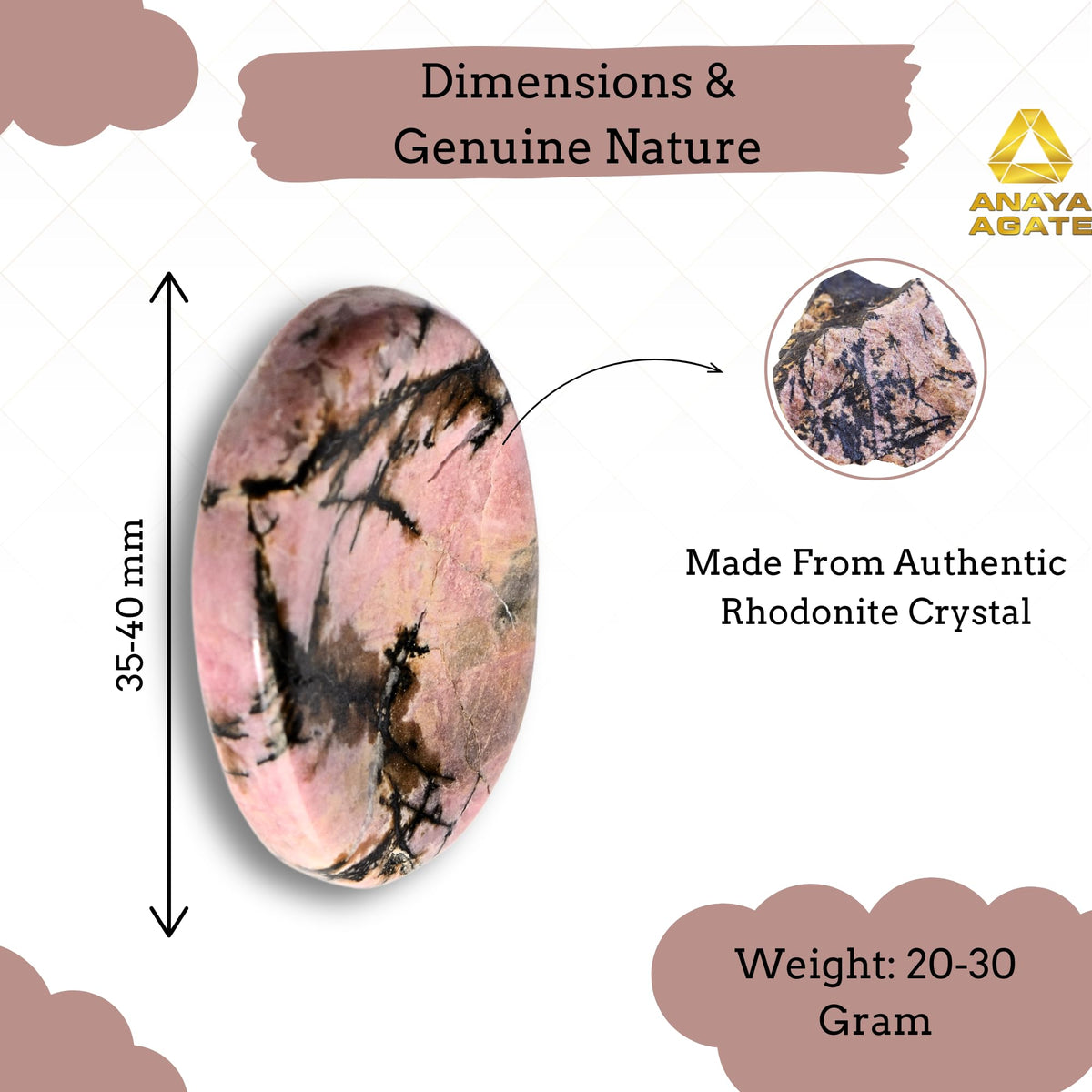Anaya Agate Rhodonite Worry Stones Certified Crystal Thumb Worry Stone for Anguish, Relaxing and Soothing Balance Stones for Meditation, Stress Relief Crystals and Healing Stones for Men, Women