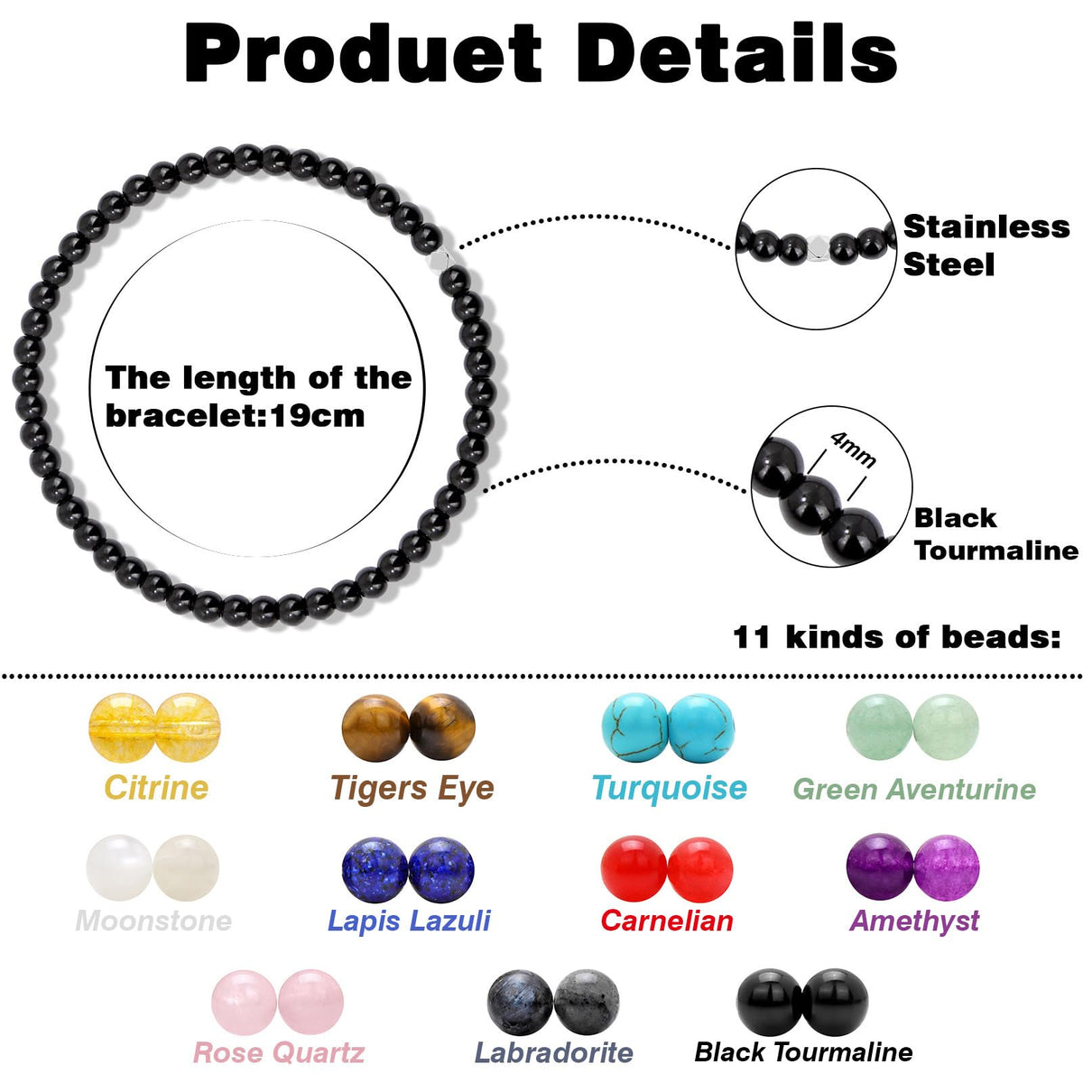 Raicegs 4MM Black Tourmaline Beaded Bracelets Healing Crystal Bracelet for Women Men Natural Stone Handmade Stretch Bracelet Reiki Spiritual Jewelry