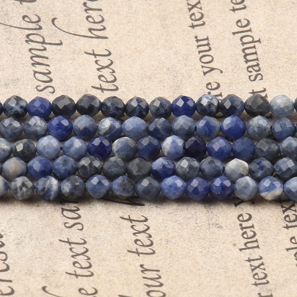 Song Xi 90pcs 4mm Natural Old Blue Sodalite Gemstone Beads Faceted Round Loose Stone Beads for Jewelry Making (1 Strand)