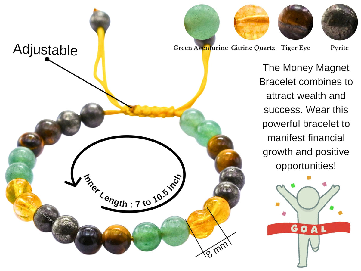 Amazing Gemstone Money Success Pyrite Bracelet - Citrine Quartz, Green Aventurine, Tiger Eye Protection Healing Crystal Bracelet - 8mm Gemstones Beaded Adjustable Bracelet Pulseras Para Hombres Mujer