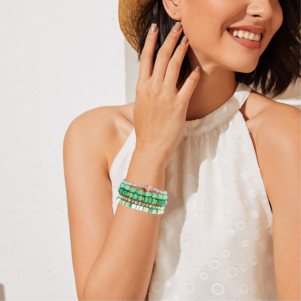 RISHEGAE Green Crystal Heishi Beaded Bracelet for Women St Patricks day Bracelets Layering Friendship Summer Beach Stretch Bracelet for Women Trendy