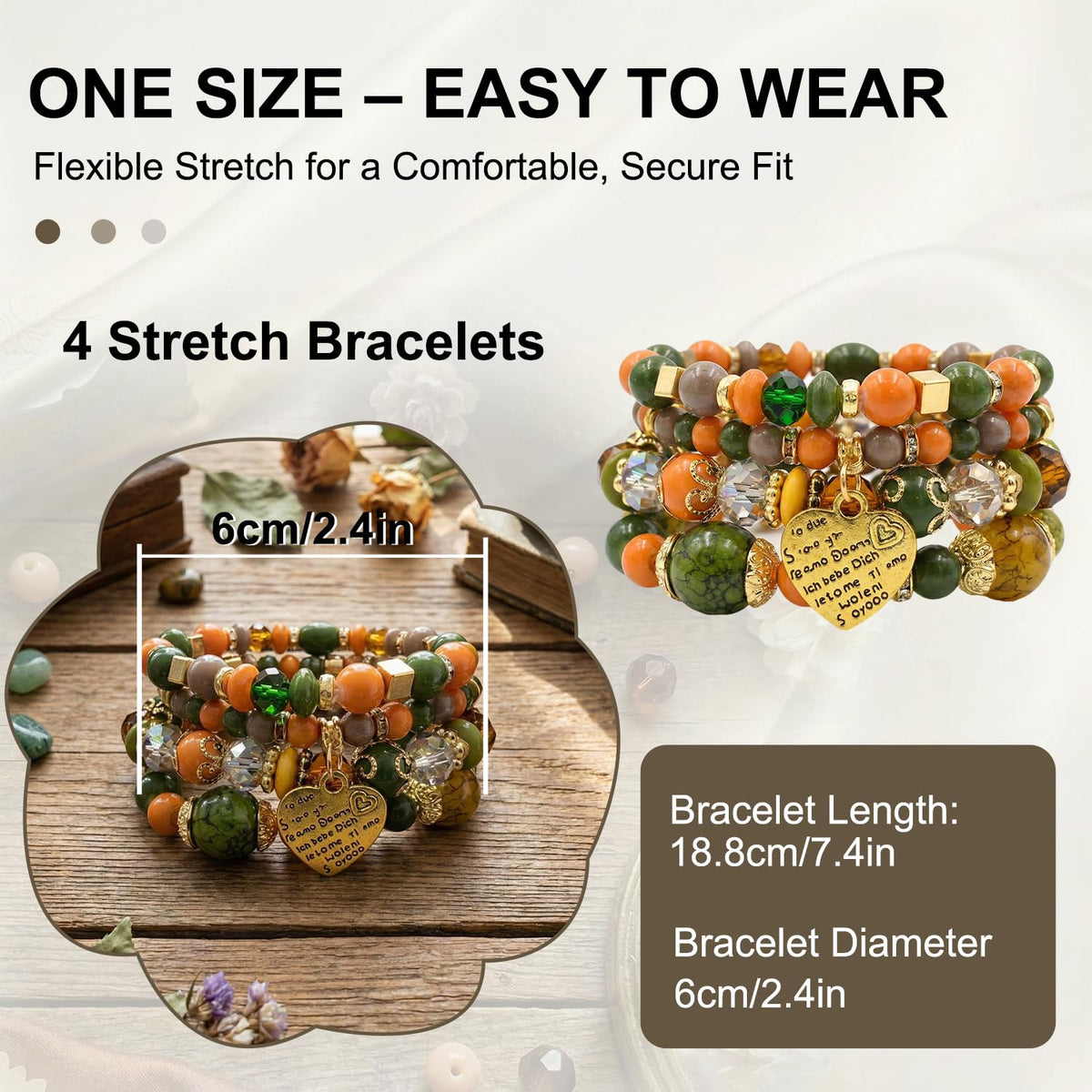 Ysenchan Bohemian Bracelet Set for Women, 4 Pcs Beaded Stackable Bracelets with Heart Charm, Stretch Bracelets, Boho Jewelry Gift – [DarkColor]
