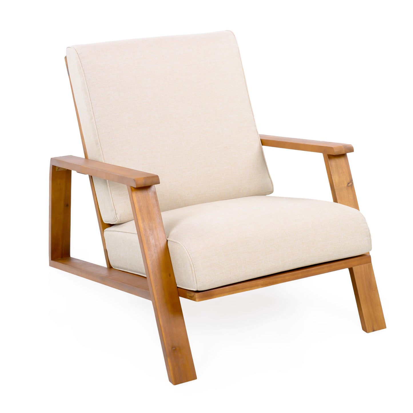 Christopher Knight Home Smeb Lounge Chair Outdoor with Cushions, Acacia Wood Adirondack Chair, Slatted Design Side Chair, Extra Seating for Balcony Backyard Poolside Garden, Teak + Beige