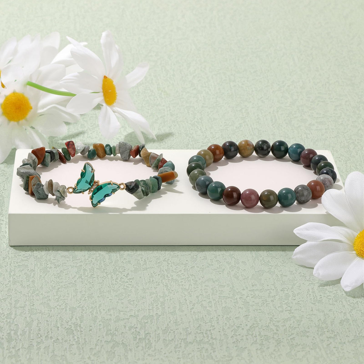 GolbalJew Indian Agate Beaded Bracelet for Women Healing Crystal Stone Beads Stretch Bracelets Butterfly Charms Jewelry Women Gift
