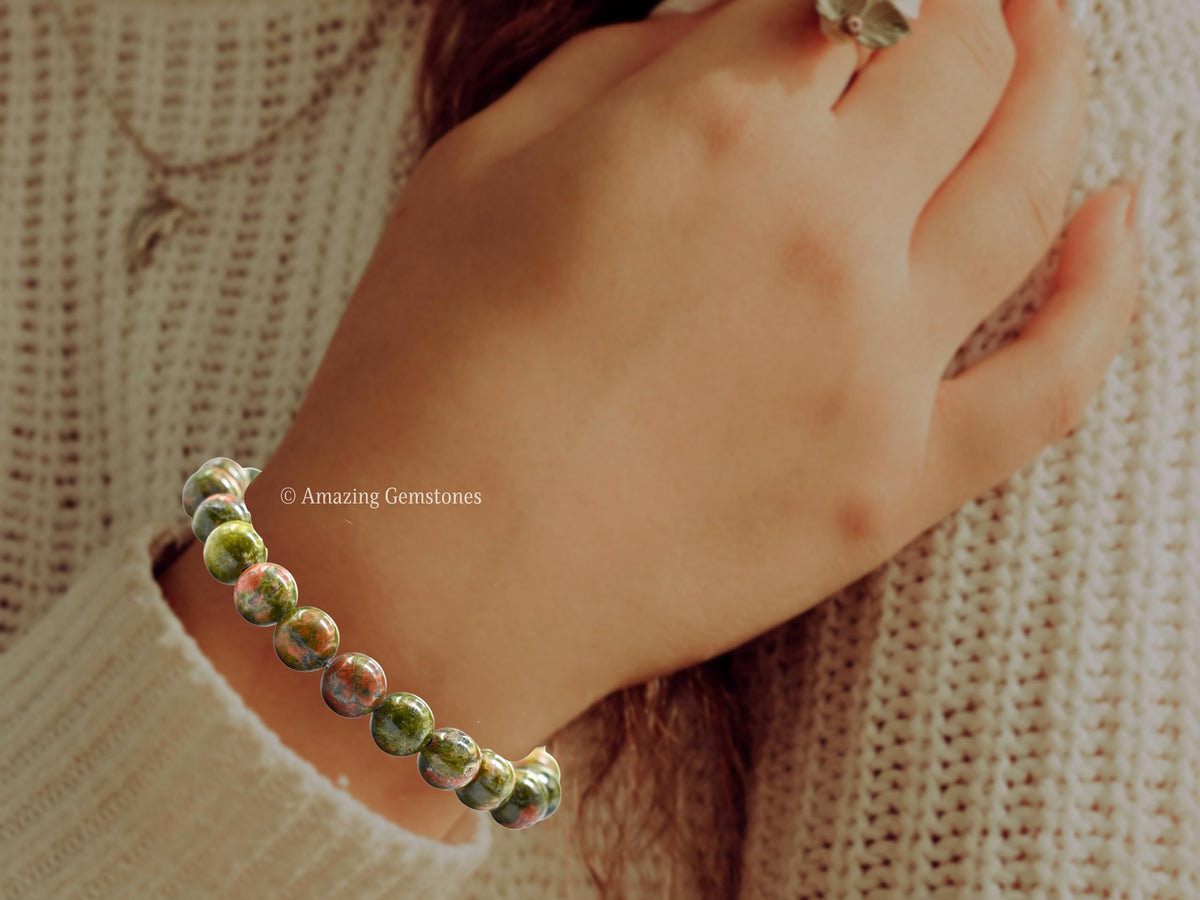 Amazing Gemstone Crystal Bracelet for Women Men's Gifts - Protection Healing Crystal Bracelet - 8mm Gemstone Beaded Stretchable Bracelet Pulseras Para Hombres Mujer Stocking Stuffers Mothers Day Gift (Unakite)