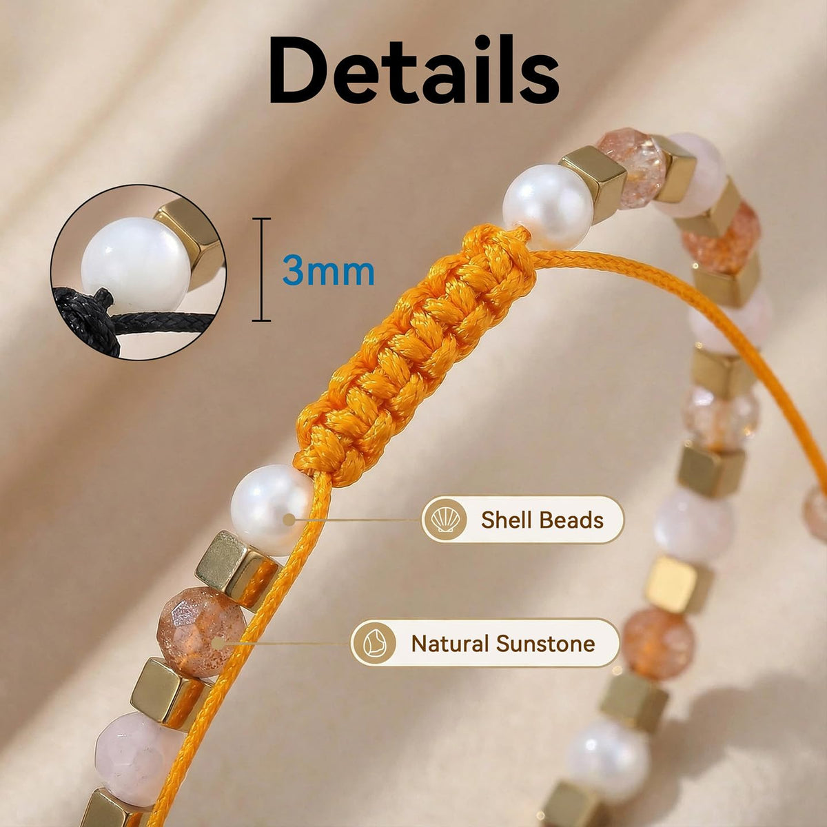 BEADSENER Sunstone Feldspar Adjustable Charming Bracelet for Women, 3mm Natural Shell Gemstone Hematite Stone Beads, Pull String Slider Metal Free Design Waterproof, Gift for Her Daily Wear