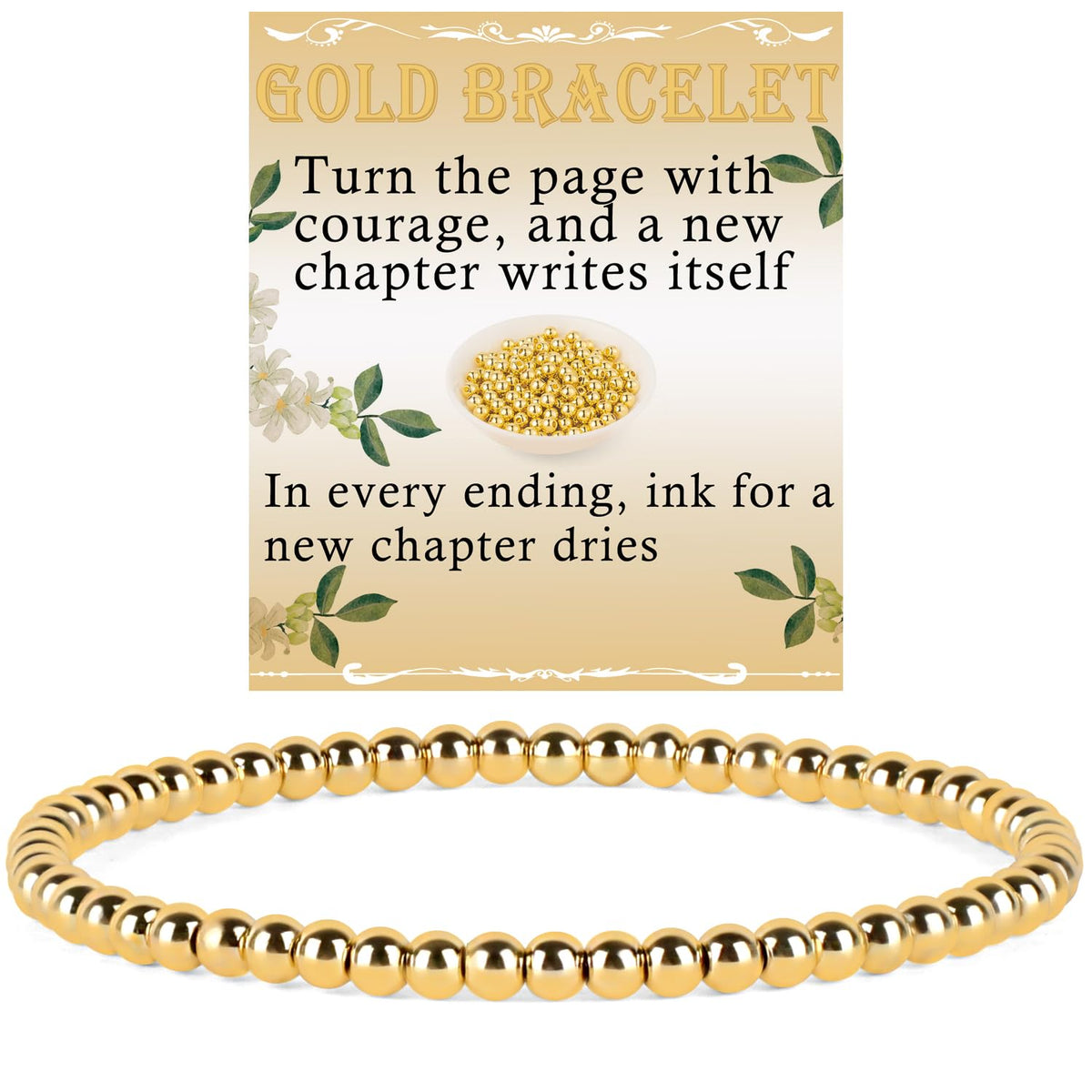 QOGIR 14K Gold Plated Beads Gemstone Stretch Elastic Dainty Handmade Beaded Bracelets for Women Gifts 4mm