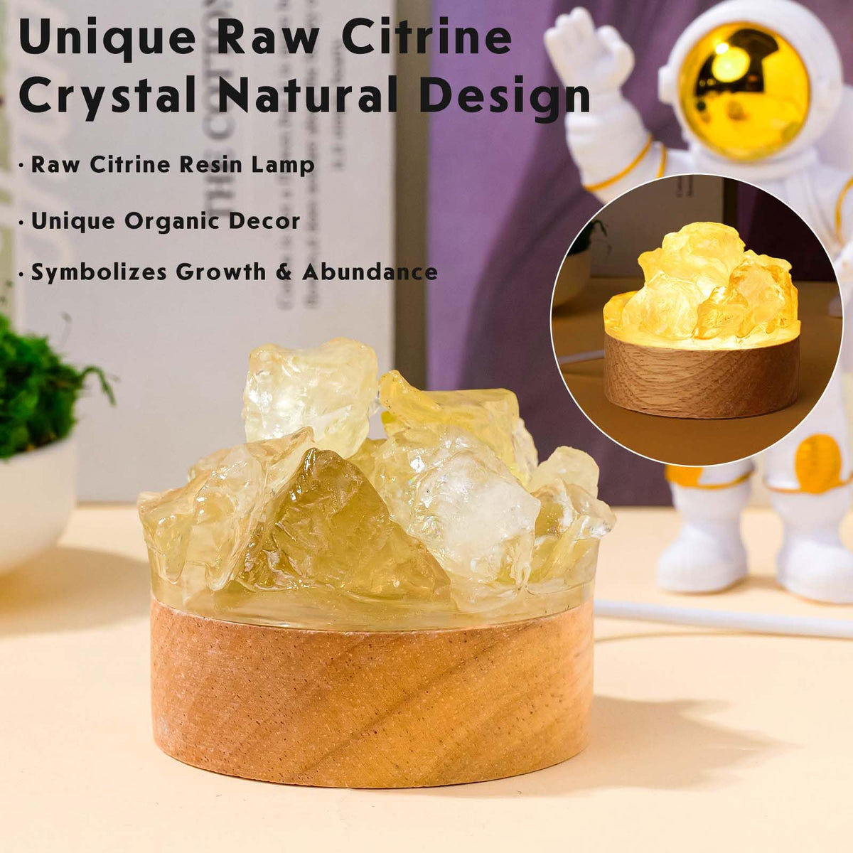 Runyangshi Citrine Money Night Light with Natural Raw Crystal - USB Powered Abundance Lamp for Office Desk, Wealth, Success, Healing Crystal Decor with Wood Base, Gift Idea
