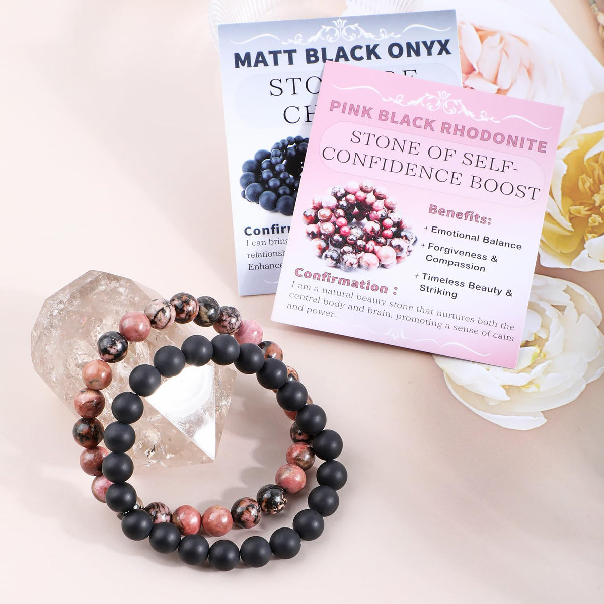 NCB 2-Piece 8mm Natural Crystal Gemstone Stretch Bracelets – ﻿Pink Black Rhodonite, Matte Black Agate Handmade Reiki Energy Healing Jewelry for Meditation,Yoga, Unisex
