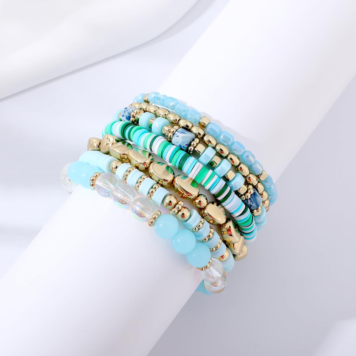 GOOJIDS Surfer Heishi Clay Bead Bracelets for Women Bohemian Stackable Gold Plated Beaded Stretch Bracelets Elastic Layering Friendship Bracelets Set Boho Jewelry