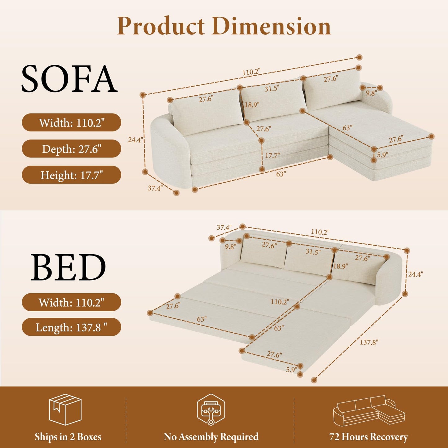 Vesgantti 110.2" Boneless Sectional Couch with Curved Armrest, 6 in 1 Convertible Folding Sleeper Sofa Bed, Chenille Modular Sofa for Living Room, No Assembly Required, Beige, Right Facing Chaise