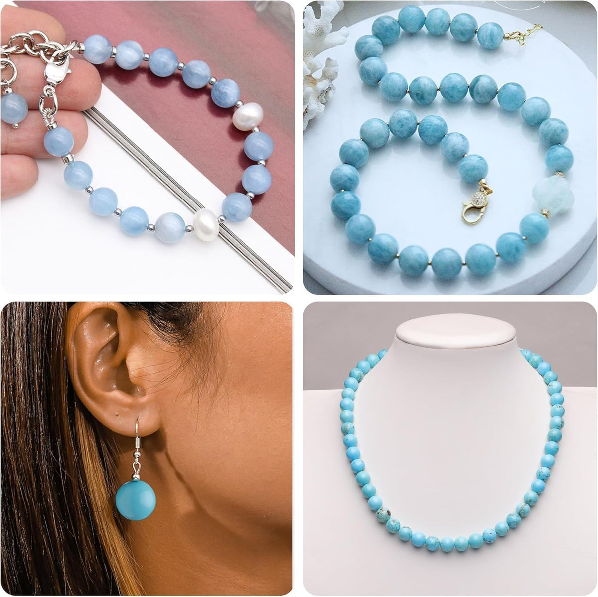 About 45pcs 8mm Natural Stone Beads Aquamarine Beads Crystal Gemstone for Jewelry Making, DIY Bracelet Necklace