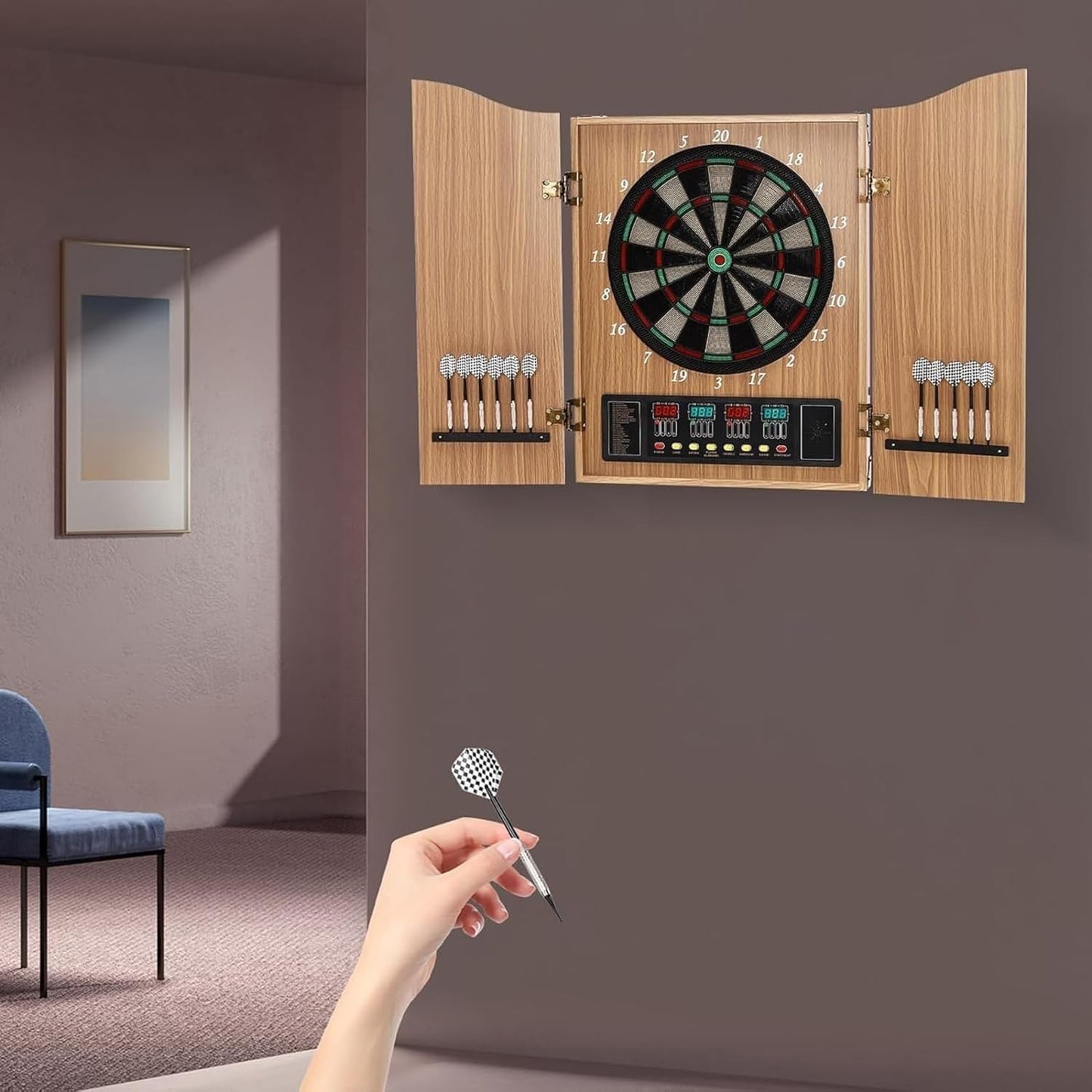 Electronic Dartboard Cabinet Set, Double Wood Door Panel Electric Darts Machine, Multiple Styles Smart Dartboard Darts Game with LED Display for Parties and Game Nights. ﻿