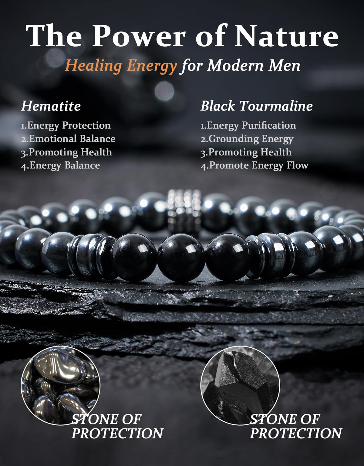 Landorilo Gifts for Men, 8mm Natural Stone Beaded Bracelets, Hematite & Tourmaline Healing Bracelet, Handmade Mens Jewelry Gift for Him, Husband, Son, Father, Friend(To My Son-8.3in)
