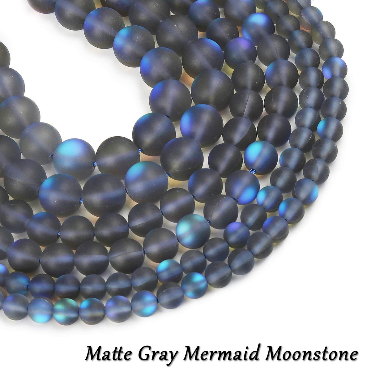 Matte Gray Aurora Crystal Glass Beads, 6MM Frosted Glitter Shining Mermaid Round Loose Beads, Rainbow Holographic Synthetic Moonstone for Jewelry Making DIY Bracelet