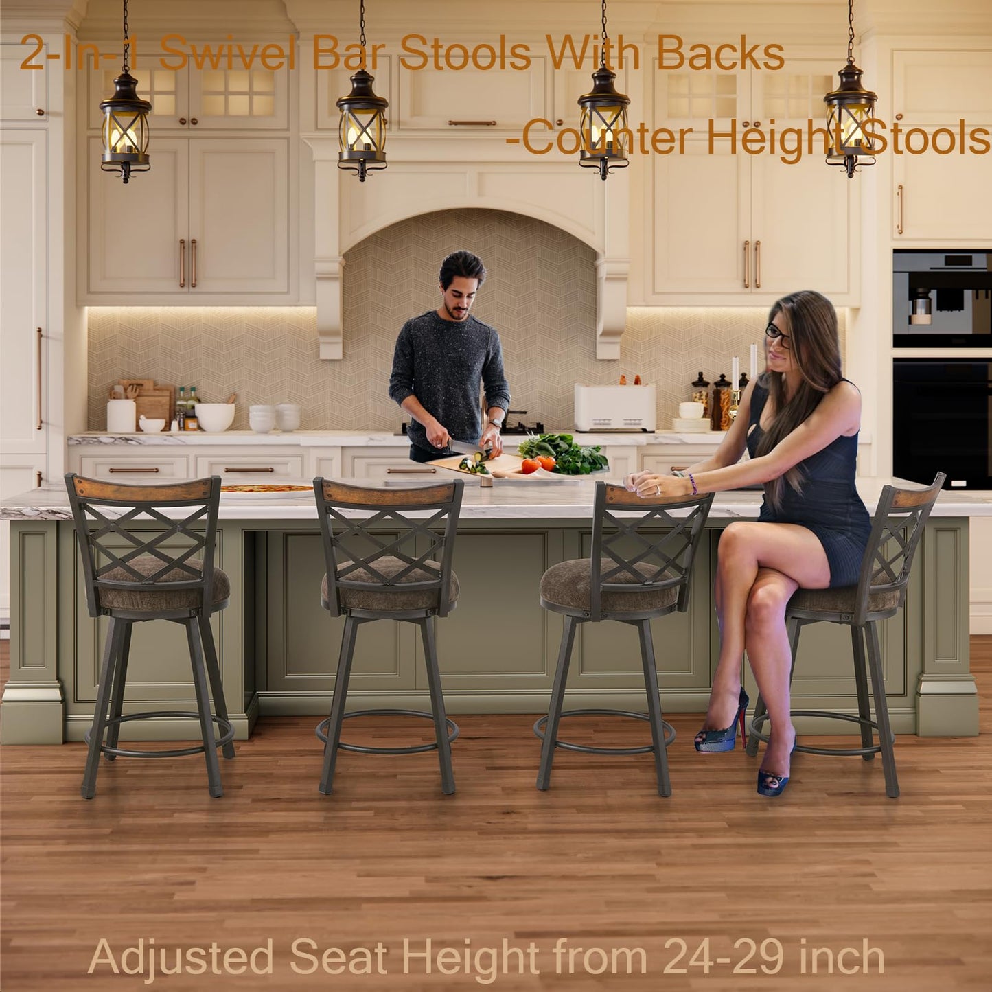 KORZEY Swivel Bar Stools Set of 4, 25/30 Inch Adjustable Black PU Leather Bar Chair with Black Frame, Mid-Century Upholstered Counter Barstools with Backs