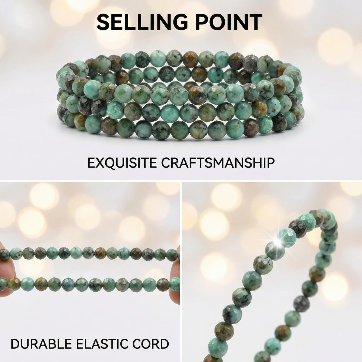 Angelstones Natural African Turquoise Gemstone Small Beaded Stretch Bracelet, 4mm Faceted Round Beads, Crystal Healing Bracelet for Women