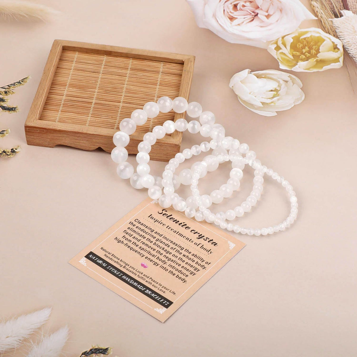 AD Beads Handmade Gemstone Stretch Elastic Bracelet Crystal Healing Reiki Nature's Beauty and Spiritual Essence Unisex (6mm, Selenite Crystal (Inspire Treatments))